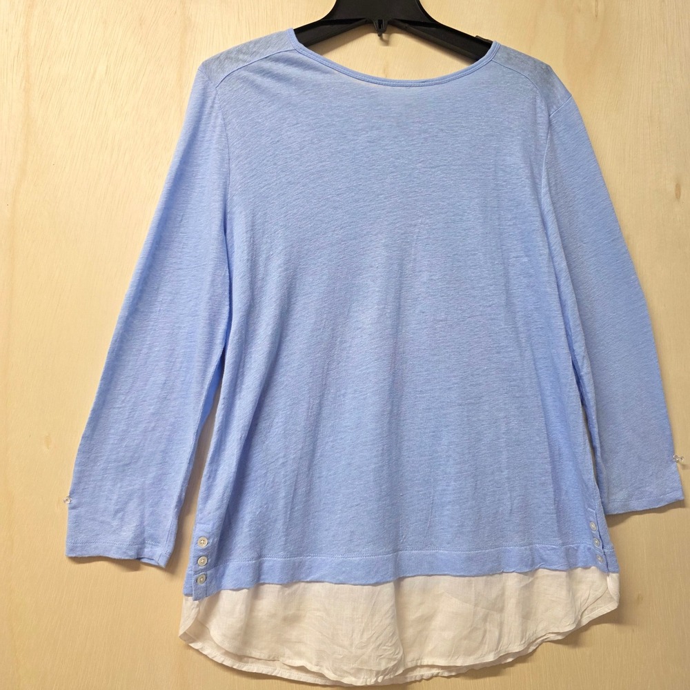 J. Jill Love Linen Blue Layered Hem Long Sleeve Top Medium Side Button Detail - Picture 2 of 16